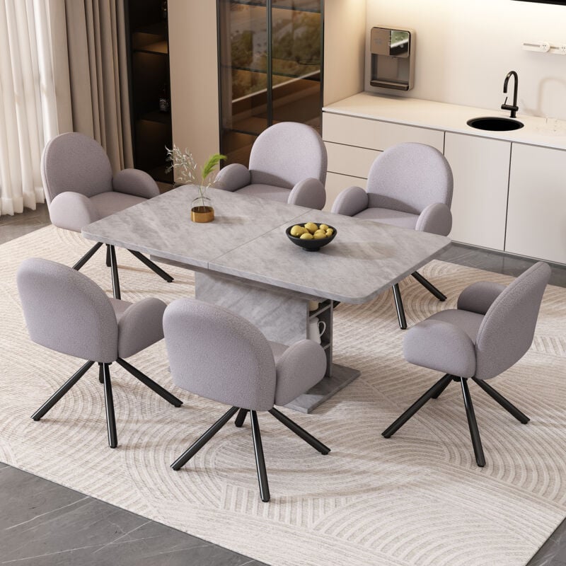 Image of Set da pranzo comprensivo di tavolo da pranzo e 6 sedie, poltrona lounge con gambe in metallo, tavolo da pranzo rettangolare allungabile con