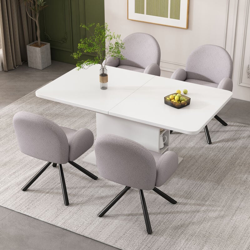 Image of Set da pranzo comprensivo di tavolo da pranzo e 4 sedie, poltrona lounge con gambe in metallo, tavolo da pranzo rettangolare allungabile con