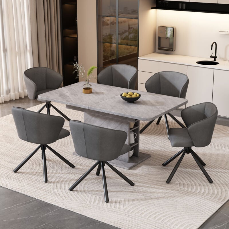 Image of Set da pranzo con tavolo da pranzo in pu e 6 sedie, poltrona lounge con gambe in metallo, tavolo da pranzo rettangolare allungabile con contenitore,