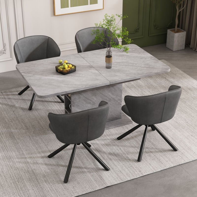 Image of Set da pranzo con tavolo da pranzo in pu e 4 sedie, poltrona lounge con gambe in metallo, tavolo da pranzo rettangolare allungabile con contenitore,