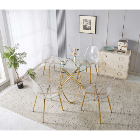 Set da pranzo con tavolo e 4 sedie in metallo e velluto oro, gambe dorate, schienale alto ergonomico