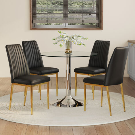 Set da pranzo con tavolo in vetro trasparente e 4 sedie in PU nero, base argento e gambe oro, tavolo Ø85x76 cm