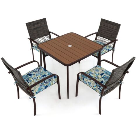Set da pranzo da esterno 5 pezzi per giardino, Set da pranzo in rattan con cuscini e tavolo quadrato Marrone