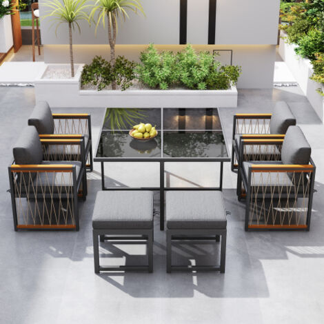 Set da pranzo da esterno da 7 pezzi con 6 posti, 4 poltrone, 2 sgabelli e 1 tavolo in vetro temperato per cortile, giardino e patio, mix grigio-oro