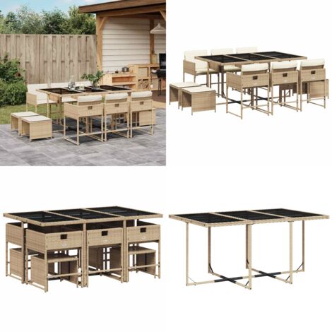 Set da Pranzo da Giardino 11 pz con Cuscini Beige in Polyrattan - Sedie da giardino - Sgabelli da giardino