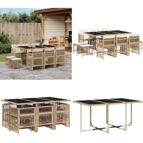 Set da Pranzo da Giardino 11 pz con Cuscini Beige in Polyrattan - Sedie da giardino - Tavolo da giardino