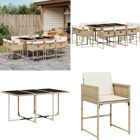 Set da Pranzo da Giardino 11 pz con Cuscini Beige in Polyrattan - Sedie da giardino - Tavolo da giardino