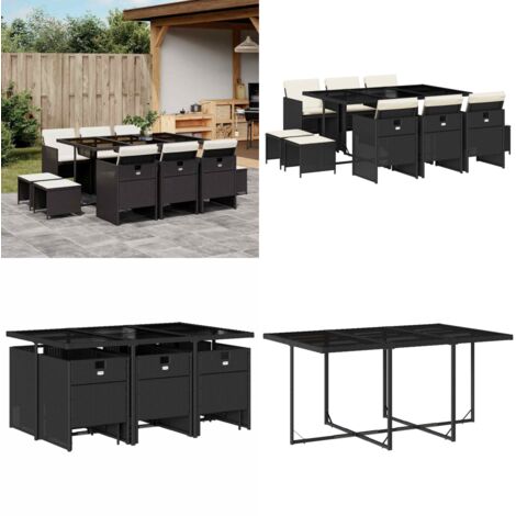 Set da Pranzo da Giardino 11 pz con Cuscini in Polyrattan Nero - Sedie da giardino - Sgabelli da giardino