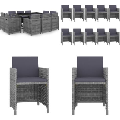 Set da Pranzo da Giardino 11 pz con Cuscini Polyrattan Grigio - Mobili da giardino rattan - Tavolo da giardino