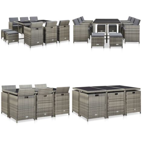 Set da Pranzo da Giardino 11 pz con Cuscini Polyrattan Grigio - Rattan - Cuscini per seduta