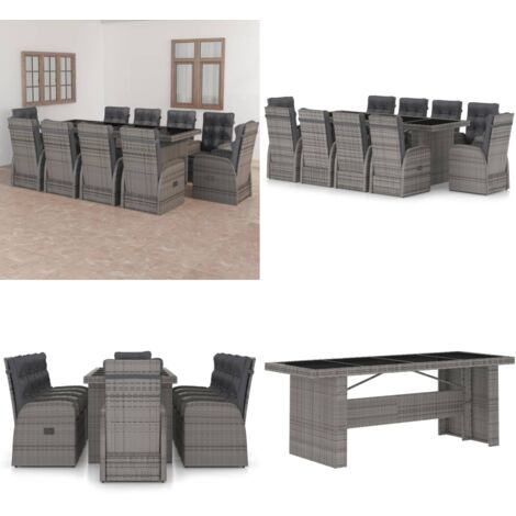 Set da Pranzo da Giardino 11 pz con Cuscini Polyrattan Grigio - Sedie reclinabili - Cuscini da sedile