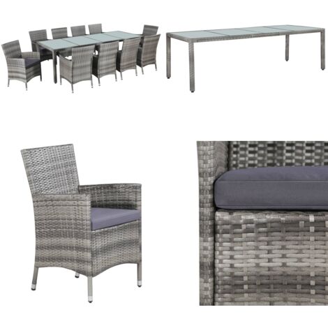 Set da Pranzo da Giardino 11 pz con Cuscini Polyrattan Grigio - Tavolo da pranzo da giardino - Sedie da giardino
