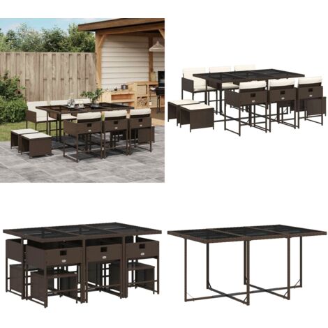 Set da Pranzo da Giardino 11 pz con Cuscini Polyrattan Marrone - Sedie da giardino - Sgabelli da giardino