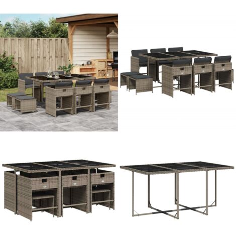 Set da Pranzo da Giardino 11pz con Cuscini in Polyrattan Grigio - Sedie da giardino - Tavolo da giardino