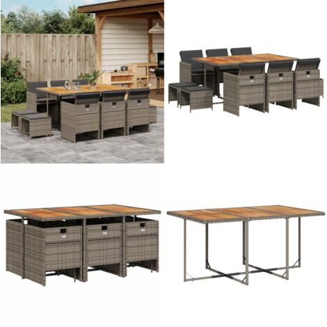 Set da Pranzo da Giardino 11pz con Cuscini in Polyrattan Grigio - Sedie da giardino - Tavolo da giardino