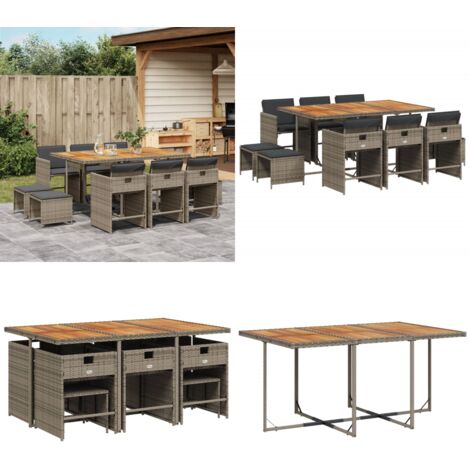 Set da Pranzo da Giardino 11pz con Cuscini in Polyrattan Grigio - Sedie da giardino - Tavolo da giardino