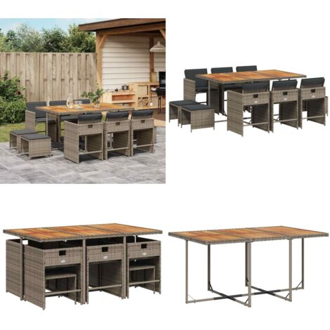 Set da Pranzo da Giardino 11pz con Cuscini in Polyrattan Grigio - Sedie da giardino - Tavolo da giardino