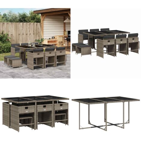Set da Pranzo da Giardino 11pz con Cuscini in Polyrattan Grigio - Sedie da giardino - Tavolo da giardino