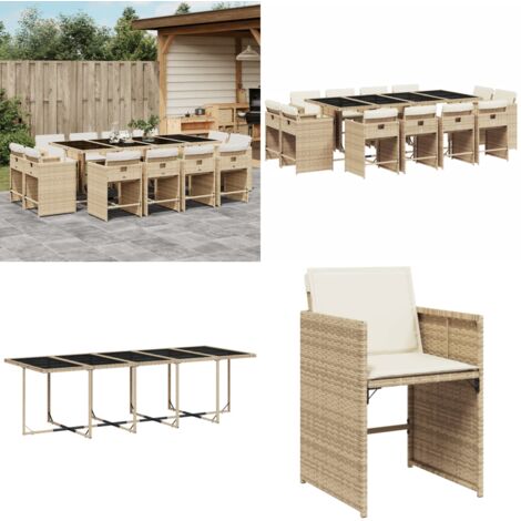Set da Pranzo da Giardino 13 pz con Cuscini Beige in Polyrattan - Sedie da giardino - Tavolo da giardino