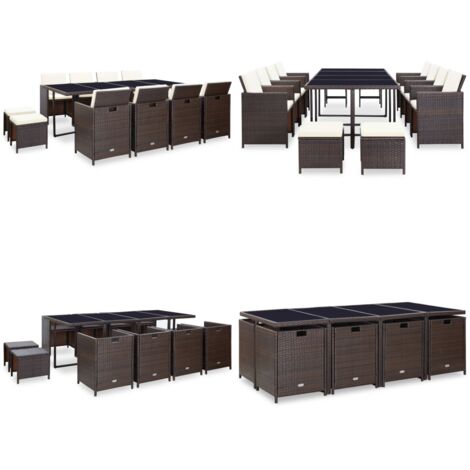 Set da Pranzo da Giardino 13 pz con Cuscini Polyrattan Marrone - Rattan - Cuscini per seduta