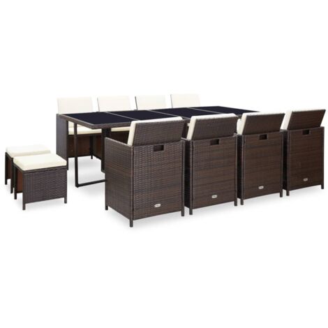 Set da Pranzo da Giardino 13 pz con Cuscini Polyrattan Marrone vidaXL