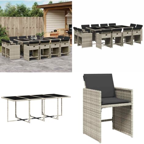 Set da Pranzo da Giardino 13pz con Cuscini Grigio in Polyrattan - Sedie da giardino - Tavolo da giardino