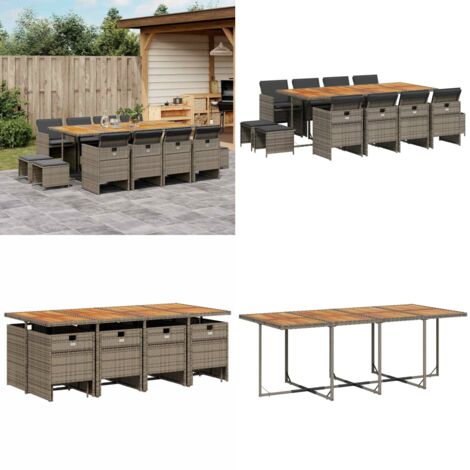 Set da Pranzo da Giardino 13pz con Cuscini Grigio in Polyrattan - Sedie da giardino - Tavolo da giardino