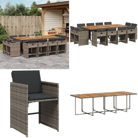 Set da Pranzo da Giardino 13pz con Cuscini Grigio in Polyrattan - Sedie da giardino - Tavolo da giardino