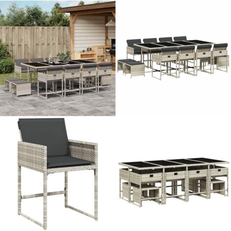 Set da Pranzo da Giardino 13pz con Cuscini Grigio in Polyrattan - Sedie da giardino - Tavolo da giardino