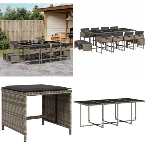 Set da Pranzo da Giardino 13pz con Cuscini Grigio in Polyrattan - Sedie da giardino - Tavolo da giardino