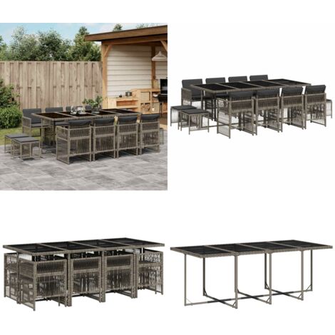 Set da Pranzo da Giardino 13pz con Cuscini Grigio in Polyrattan - Sedie da giardino - Tavolo da giardino