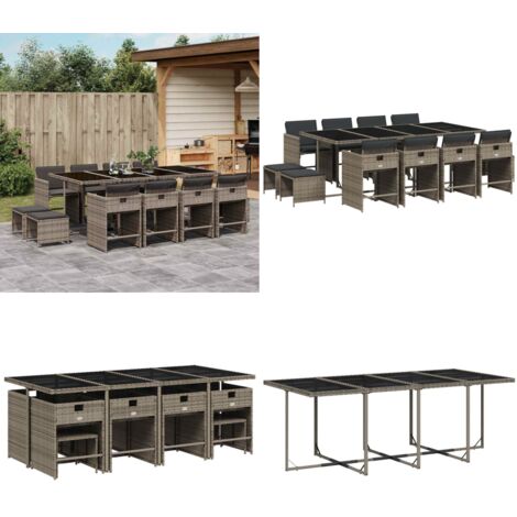 Set da Pranzo da Giardino 13pz con Cuscini Grigio in Polyrattan - Sedie da giardino - Tavolo da giardino