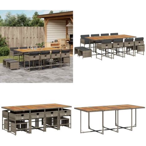 Set da Pranzo da Giardino 13pz con Cuscini Grigio in Polyrattan - Sedie da giardino - Tavolo da giardino