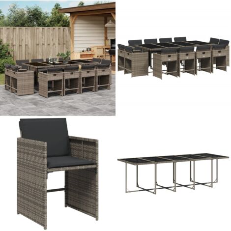Set da Pranzo da Giardino 13pz con Cuscini Grigio in Polyrattan - Sedie da giardino - Tavolo da giardino