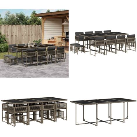 Set da Pranzo da Giardino 13pz con Cuscini Grigio in Polyrattan - Sedie da giardino - Tavolo da giardino