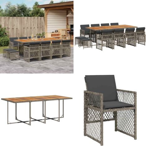 Set da Pranzo da Giardino 13pz con Cuscini Grigio in Polyrattan - Sedie da giardino - Tavolo da giardino