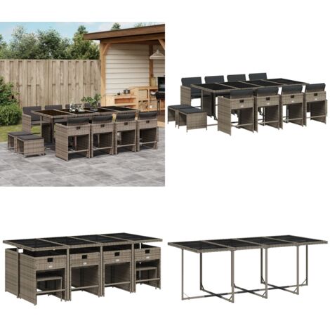 Set da Pranzo da Giardino 13pz con Cuscini Grigio in Polyrattan - Sedie da giardino - Tavolo da giardino