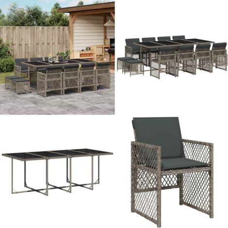 Set da Pranzo da Giardino 13pz con Cuscini Grigio in Polyrattan - Sedie da giardino - Tavolo da giardino