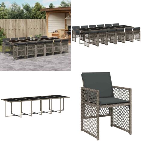 Set da Pranzo da Giardino 13pz con Cuscini Grigio in Polyrattan - Sedie da giardino - Tavolo da giardino