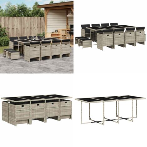 Set da Pranzo da Giardino 13pz con Cuscini Grigio in Polyrattan - Sedie da giardino - Tavolo da giardino