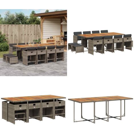 Set da Pranzo da Giardino 13pz con Cuscini Grigio in Polyrattan - Sedie da giardino - Tavolo da giardino