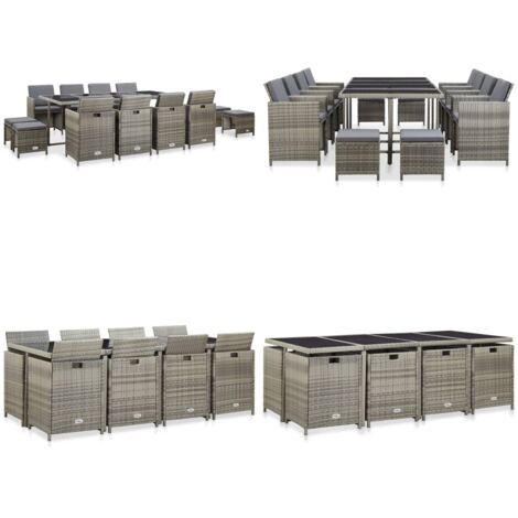 Set da Pranzo da Giardino 13pz con Cuscini in Polyrattan Grigio - Tavolo da pranzo esterno - Sedie da giardino
