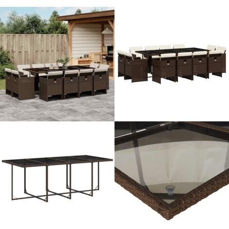 Set da Pranzo da Giardino 13pz con Cuscini Marrone Polyrattan - Sedie da giardino - Tavolo da giardino