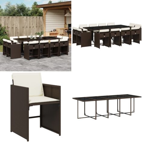 Set da Pranzo da Giardino 13pz con Cuscini Marrone Polyrattan - Sedie da giardino - Tavolo da giardino
