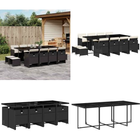 Set da Pranzo da Giardino 13pz con Cuscini Nero in Polyrattan - Sedie da giardino - Tavolo da giardino