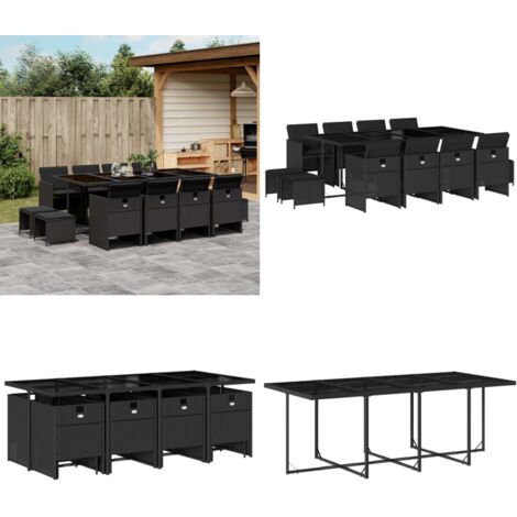 Set da Pranzo da Giardino 13pz con Cuscini Nero in Polyrattan - Sedie da giardino - Tavolo da giardino