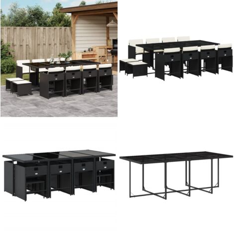 Set da Pranzo da Giardino 13pz con Cuscini Nero in Polyrattan - Sedie da giardino - Tavolo da giardino
