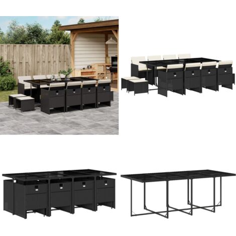 Set da Pranzo da Giardino 13pz con Cuscini Nero in Polyrattan - Sedie da giardino - Tavolo da giardino