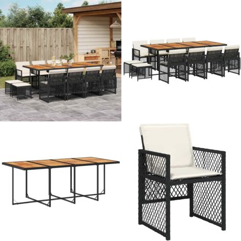 Set da Pranzo da Giardino 13pz con Cuscini Nero in Polyrattan - Sedie da giardino - Tavolo da giardino