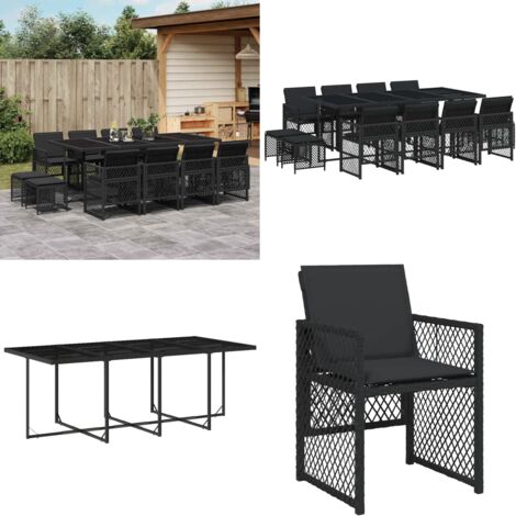 Set da Pranzo da Giardino 13pz con Cuscini Nero in Polyrattan - Sedie da giardino - Tavolo da giardino